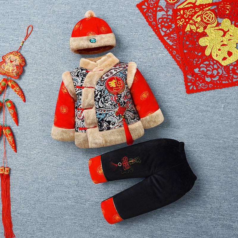 婴儿童拜年服男童唐装冬季棉服套装男宝宝过年喜庆衣服男孩新年装