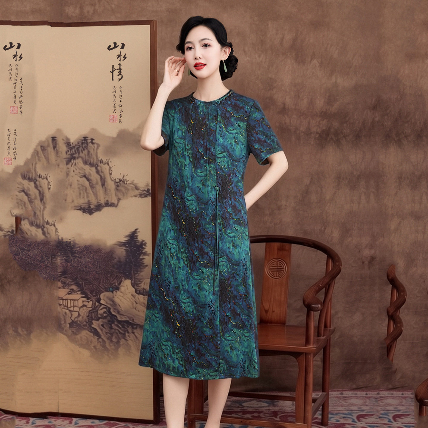 香云纱真丝短袖连衣裙夏季新款中连衣裙