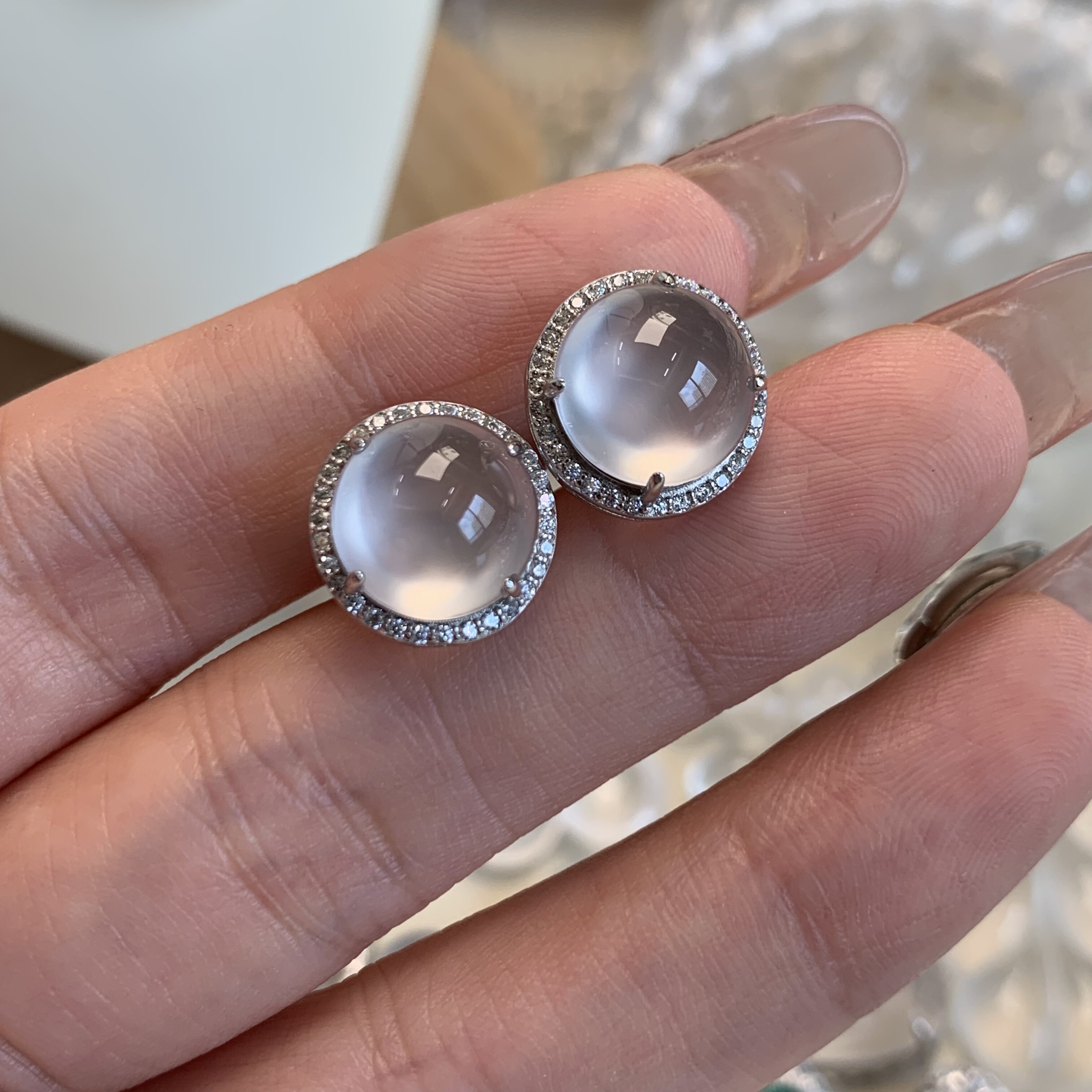 纯天然玉石俄冰白冰高冰玻璃种黑刚卡10刚蛋经典围镶耳钉s925银