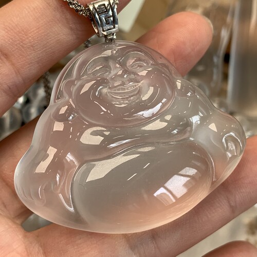 新品纯天然玉石俄冰白冰高冰玻璃种大佛公吊坠项链纯银925