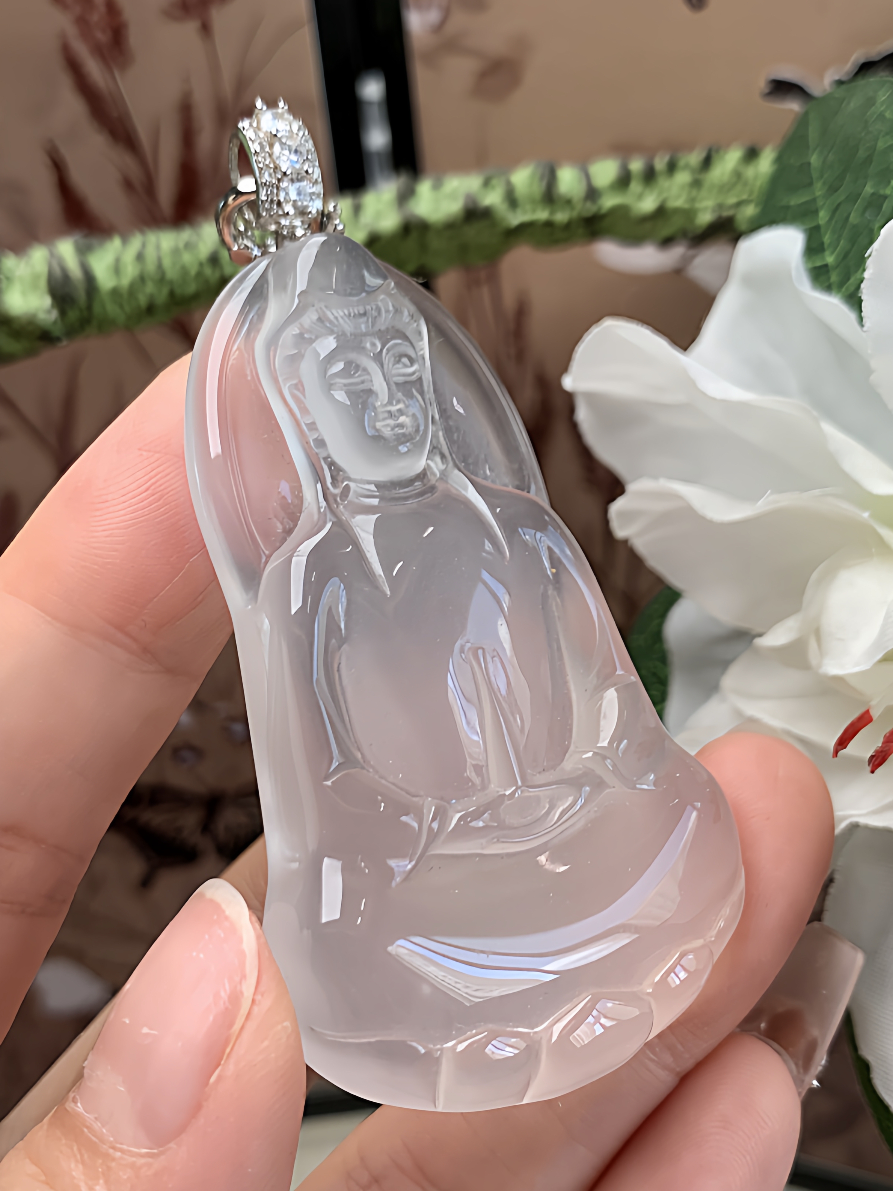 纯天然玉石俄冰白冰高冰玻璃种起刚纯净素衣观音吊坠项链s925银
