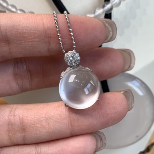 纯天然玉石俄冰白冰高冰玻璃种黑刚15大蛋面吊坠项链 新品