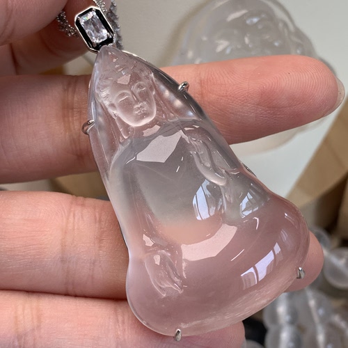 新品纯天然玉石俄冰白冰高冰玻璃种观音吊坠项链纯银925