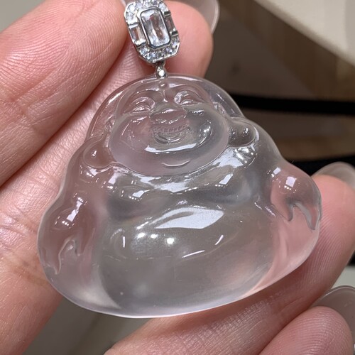 新品纯天然玉石俄冰白冰高冰玻璃种黑刚大佛公吊坠毛衣链s925银