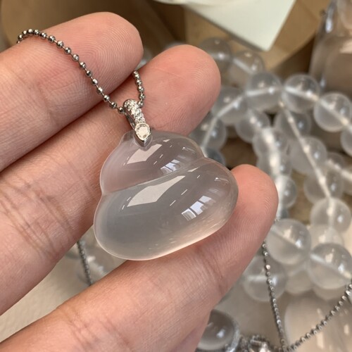 新品纯天然玉石俄冰白冰高冰玻璃种胖葫芦吊坠项链纯银925