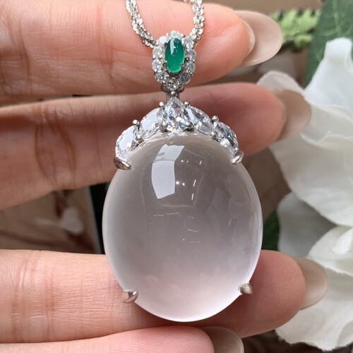 新品纯天然玉石俄冰白冰高冰玻璃种定制鸽子蛋吊坠毛衣链s925银