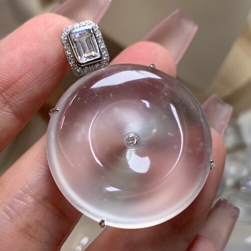 纯天然玉石俄冰白冰高冰玻璃种黑刚雪花棉平安扣吊坠项链s925银