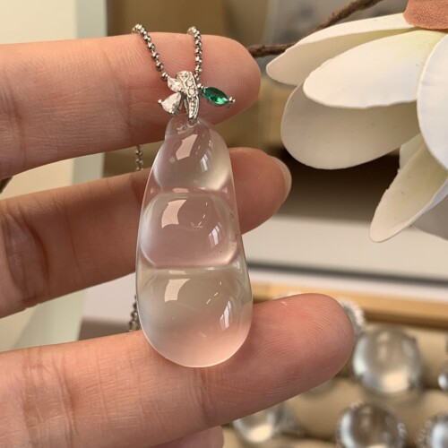 新品纯天然玉石俄冰白冰高冰玻璃种福豆吊坠项链纯银925