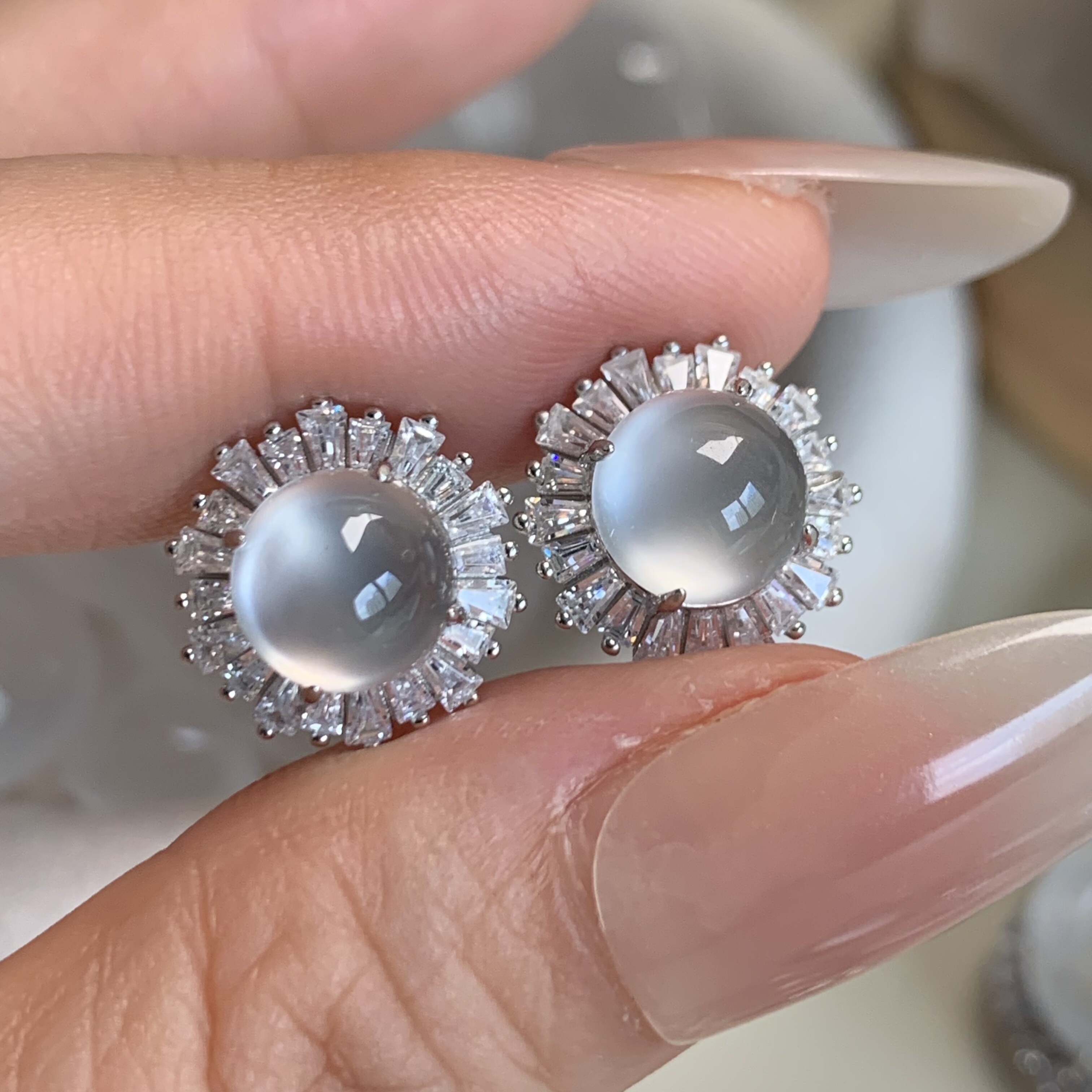 新品纯天然玉石俄冰白冰高冰玻璃种精品黑刚蛋耳钉耳饰s925银