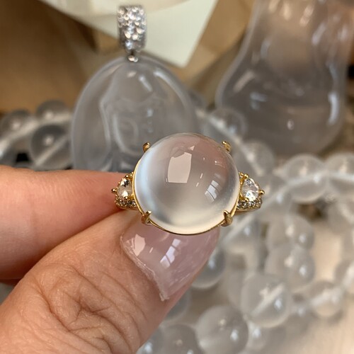 新品纯天然玉石俄冰白冰高冰玻璃种刚蛋戒指活口戒托纯银925