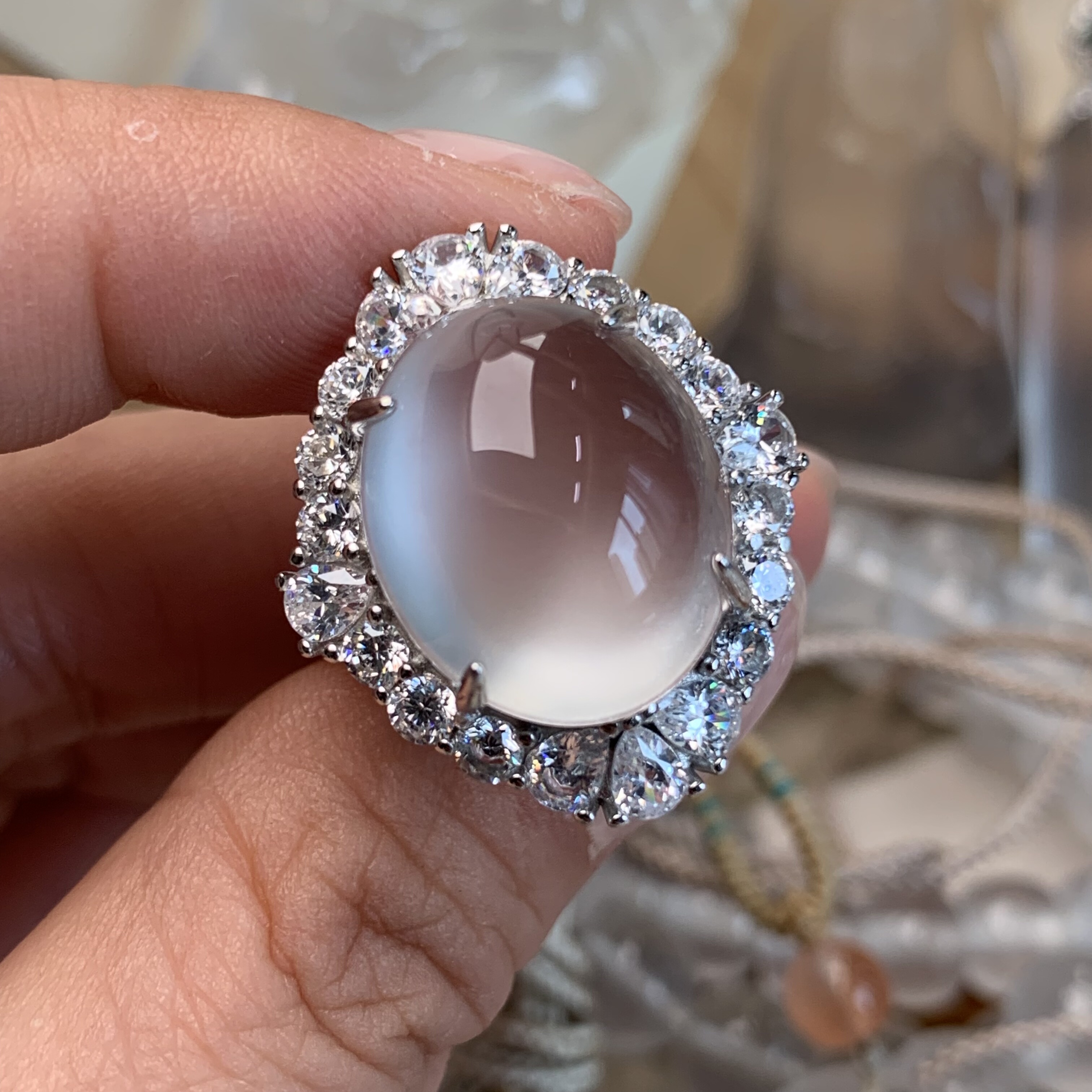 新品纯天然玉石俄冰白冰高冰玻璃种刚蛋戒指活口戒托纯银925