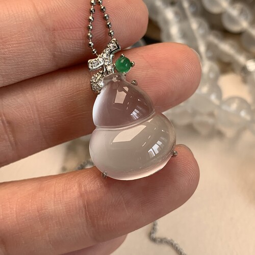 新品纯天然玉石俄冰白冰高冰玻璃种葫芦吊坠项链纯银925