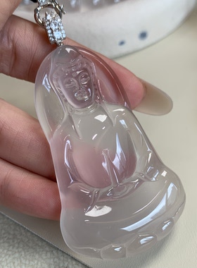 新品纯天然玉石俄冰白冰高冰玻璃种黑刚高货观音吊坠毛衣链银925