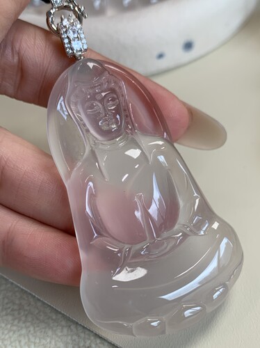 新品纯天然玉石俄冰白冰高冰玻璃种黑刚高货观音吊坠毛衣链银925