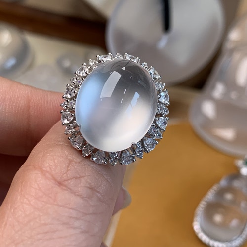 新品纯天然玉石俄冰白冰高冰玻璃种刚蛋封底豪镶戒指活口纯银925