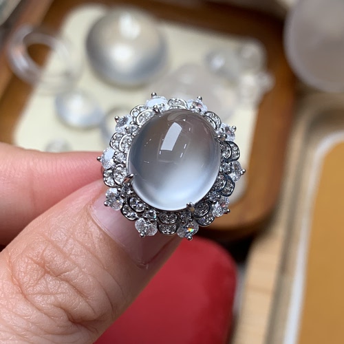 新品纯天然玉石俄冰白冰高冰玻璃种刚蛋戒指活口纯银925