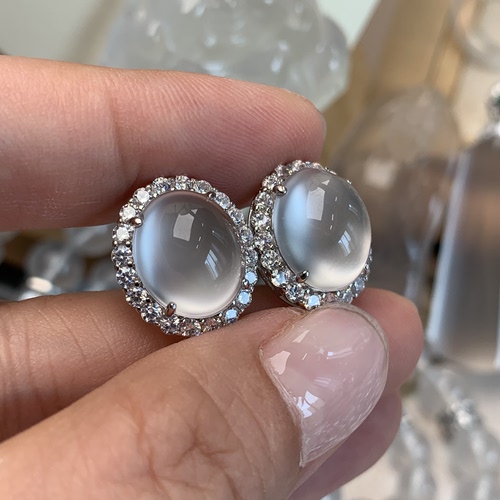 新品纯天然玉石俄冰白冰高冰玻璃种刚蛋耳钉纯银925