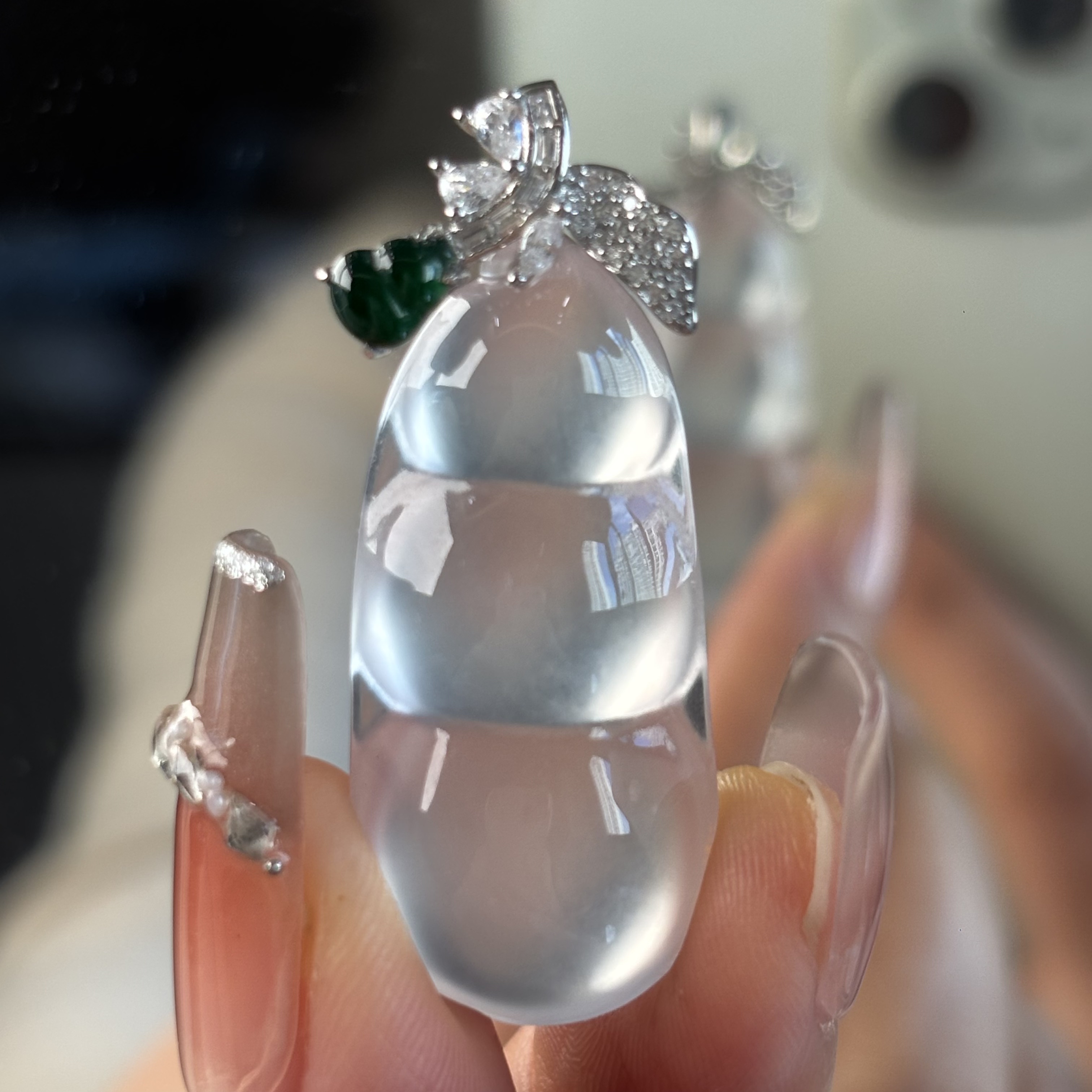定制精品纯天然玉石俄冰白冰高品蓝刚玻璃种大福豆吊坠纯银925