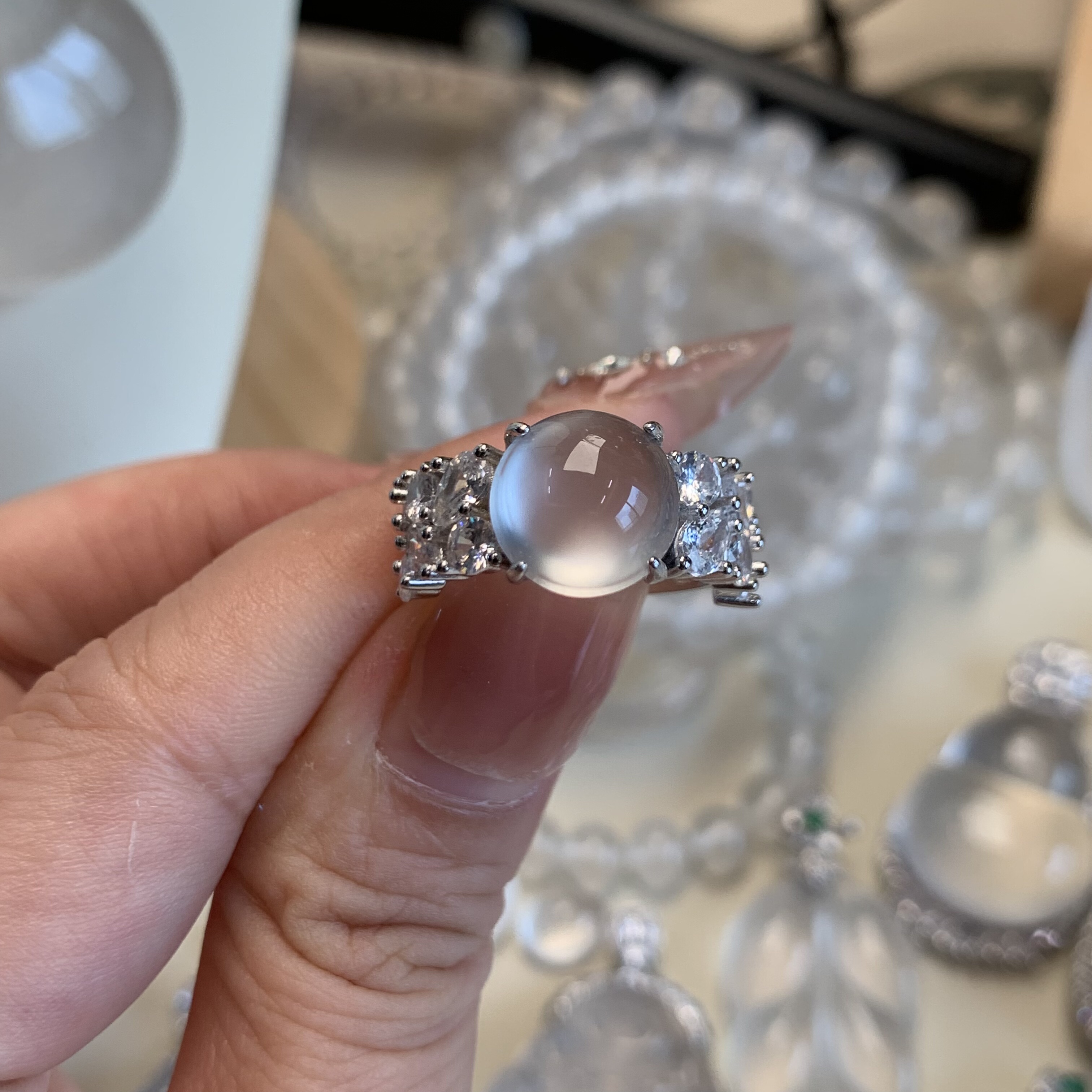 纯天然玉石俄冰白冰高冰玻璃种黑刚卡10刚蛋戒指闭口12圈s925银