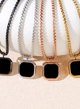跨境不锈钢项链新款男女士空白无字纪念品节日礼物滴黑油金属项链