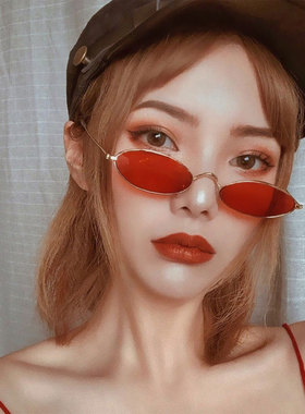 椭圆形窄框红色墨镜女个性嘻哈潮
