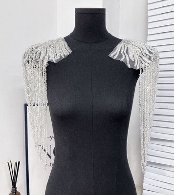 手缝珍珠流苏肩章肩膀装饰花朵立体串珠水晶吊坠服装辅料胸花配饰