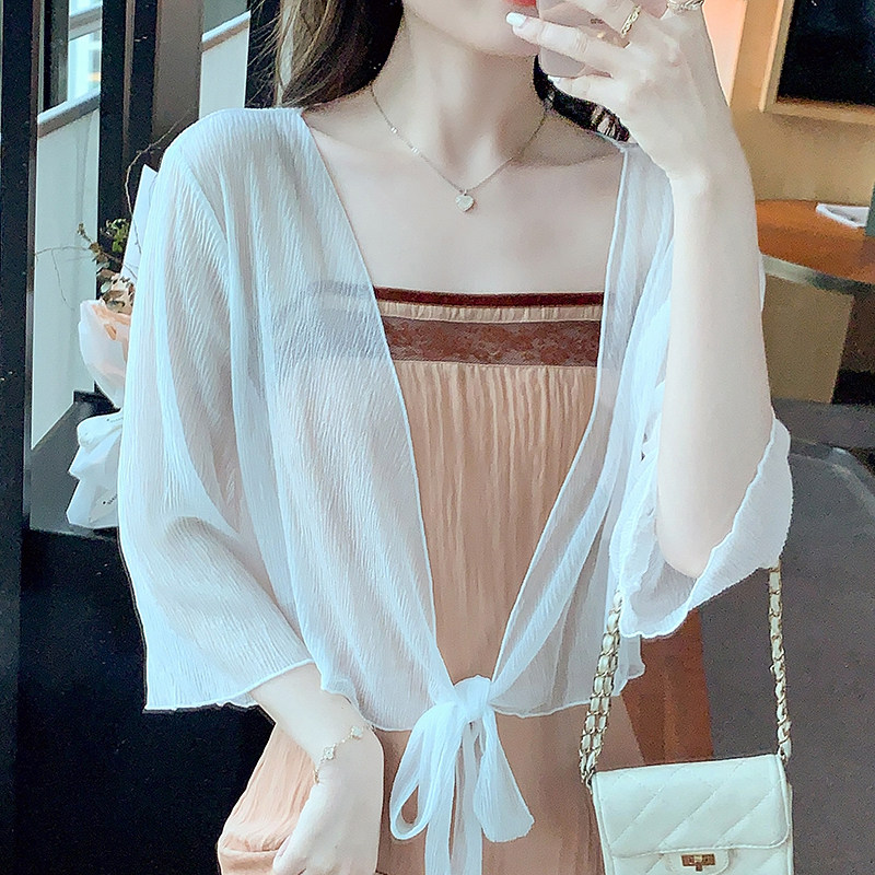 雪纺系带小披肩外套裙子外搭防晒超薄开衫女短款中袖宽松百搭夏韩