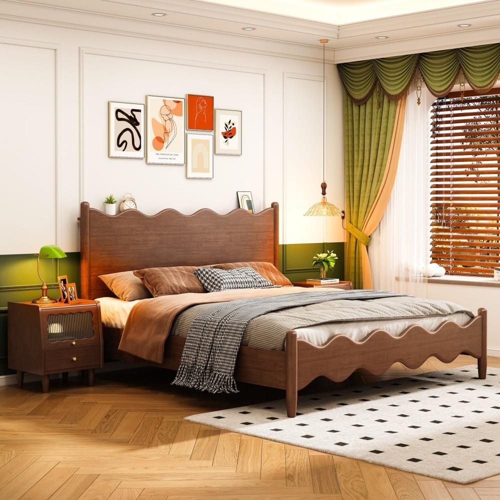 北欧中古古风全实木床现代简约波浪床1..米666#18米复双5人床主卧