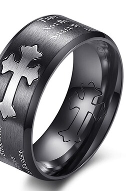 跨境欧美哑光钛钢十字架戒指以赛亚书刻字指环手饰品厂家直销