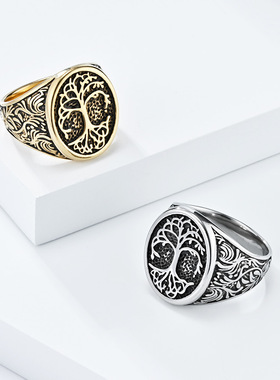 跨境欧美复古风生命之树钛钢戒指环男士霸气超大号扳指个性手饰品