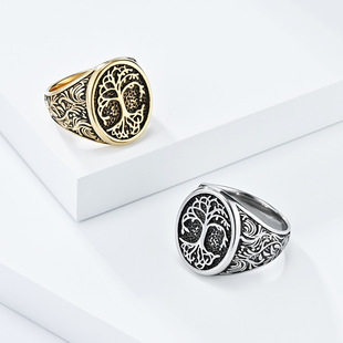 跨境欧美复古风生命之树钛钢戒指环男士霸气超大号扳指个性手饰品