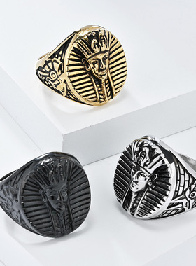 跨境复古埃及法老不锈钢戒指环男士个性阿努比斯守护神钛钢手饰品