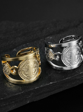 亚马逊欧美圣本笃驱魔牌开口钛钢男士戒指环不锈钢手饰品厂家直销