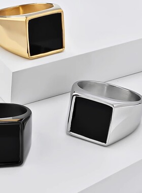 ins欧美简约几何体印章钛钢戒指环男士冷淡风感气质个性饰品