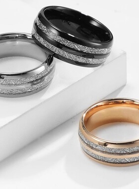 跨境亚马逊双槽钨钢镶嵌冰丝戒指 结婚求婚男女简约钨金情侣对戒
