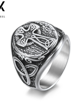 复古北欧凯尔特结十字架不锈钢戒指男士永恒三角结钛钢扳指环手饰