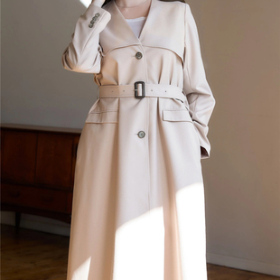 少量娘娘HER元 雅致斜纹垂坠面料层叠设计V领腰带中长款风衣外套