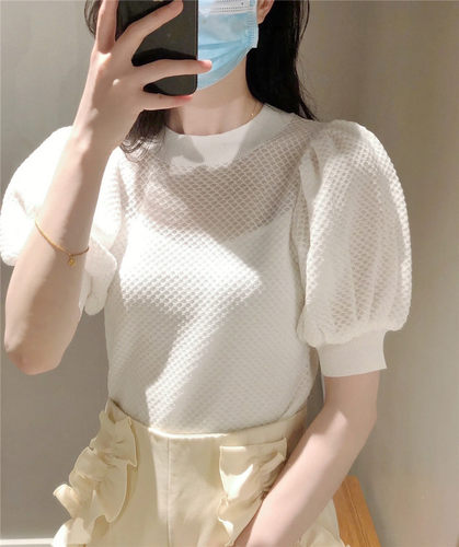 套头圆领纹理感泡泡袖短袖针织