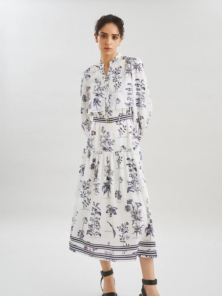 植物印花字母撞色系带连衣裙