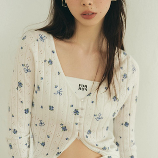獨家fur元 气质甜美百搭 蝴蝶结小花朵印花V领舒适棉针织开衫 上衣