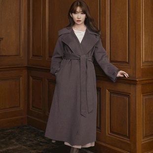 獨家娘娘her元 披肩大翻领羊毛混超耗料系腰带手缝双面呢大衣外套