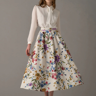 2.6万稀少獨家日单贵牌E家元 素描花卉印花高腰松紧大摆半身裙伞裙