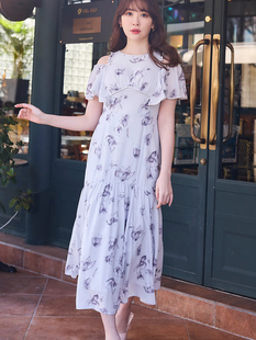 獨家娘娘her真元 2way穿优雅花卉印花荷叶袖系带可露肩鱼尾连衣裙