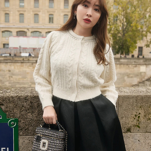 獨家娘娘her元 2way穿羊驼毛领口珍珠宝石钉钻绞花针织开衫上衣