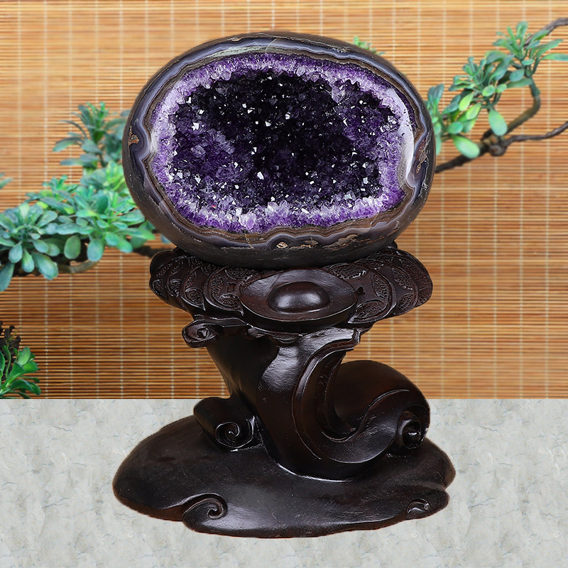 天然紫水晶钱袋子乌拉圭恐龙蛋玛瑙水晶洞聚宝盆原石风水摆件