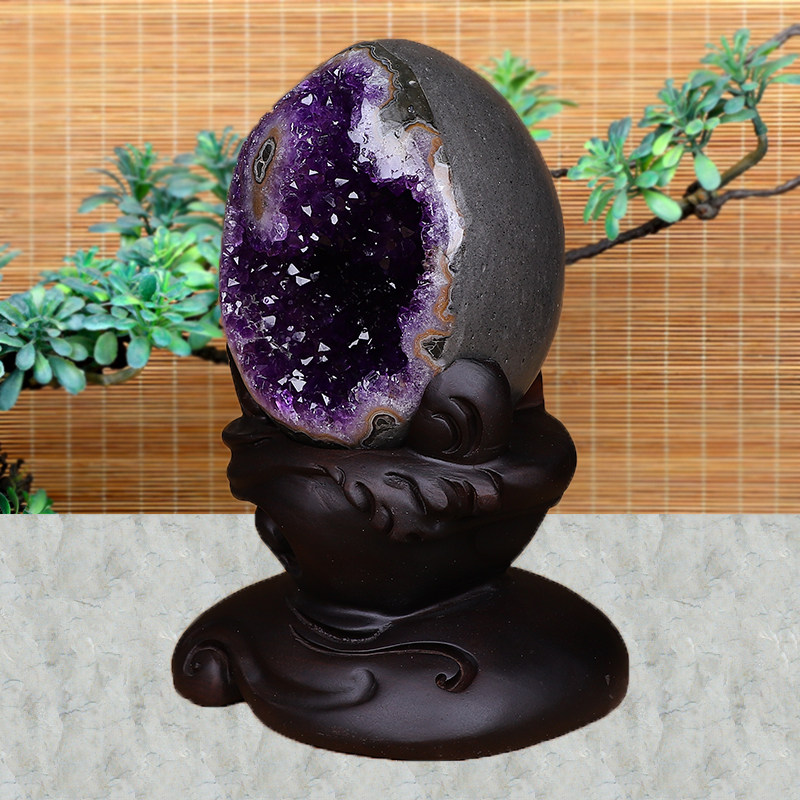 天然紫水晶钱袋子乌拉圭恐龙蛋玛瑙水晶洞聚宝盆原石风水摆件