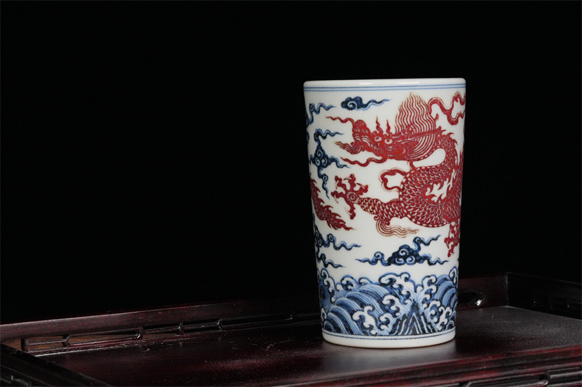 岚溪草堂景德镇纯手工青花釉里红原矿红龙大可乐杯 霸王龙可乐杯