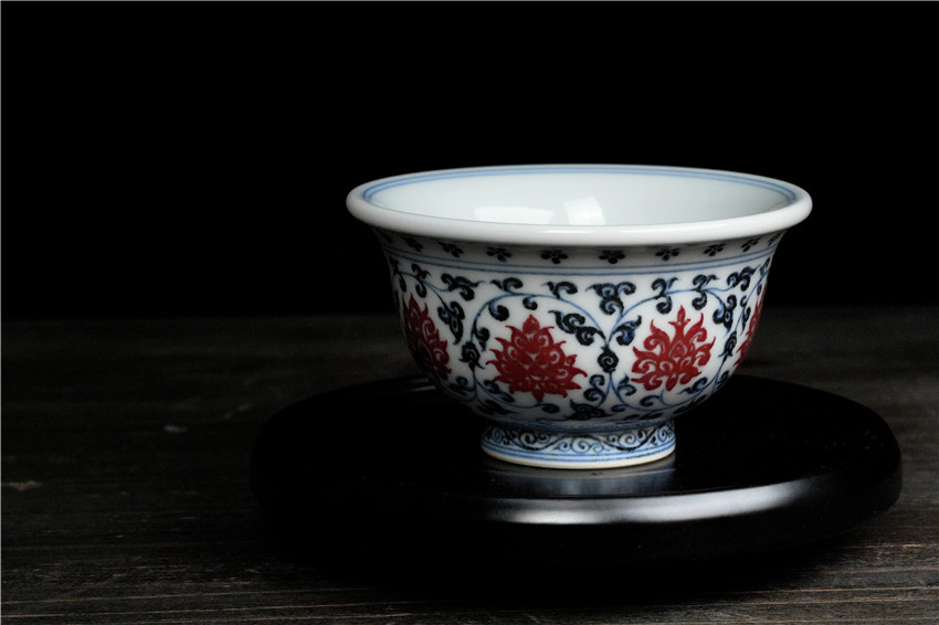 岚溪草堂茶杯 景德镇纯手工青花釉里红缠枝莲永乐压手杯复刻版杯