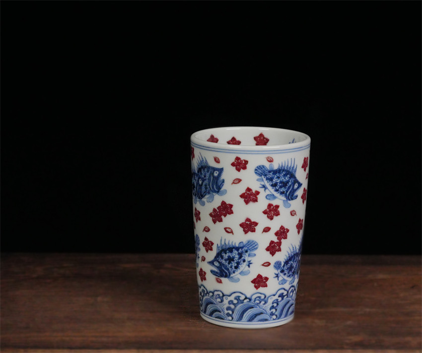 岚溪草堂景德镇纯手工青花釉里红原矿胖鳜鱼大可乐杯 鳜鱼可乐杯