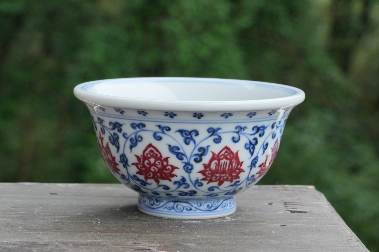 岚溪草堂茶杯 景德镇纯手工青花釉里红缠枝莲中号压手杯喝茶杯